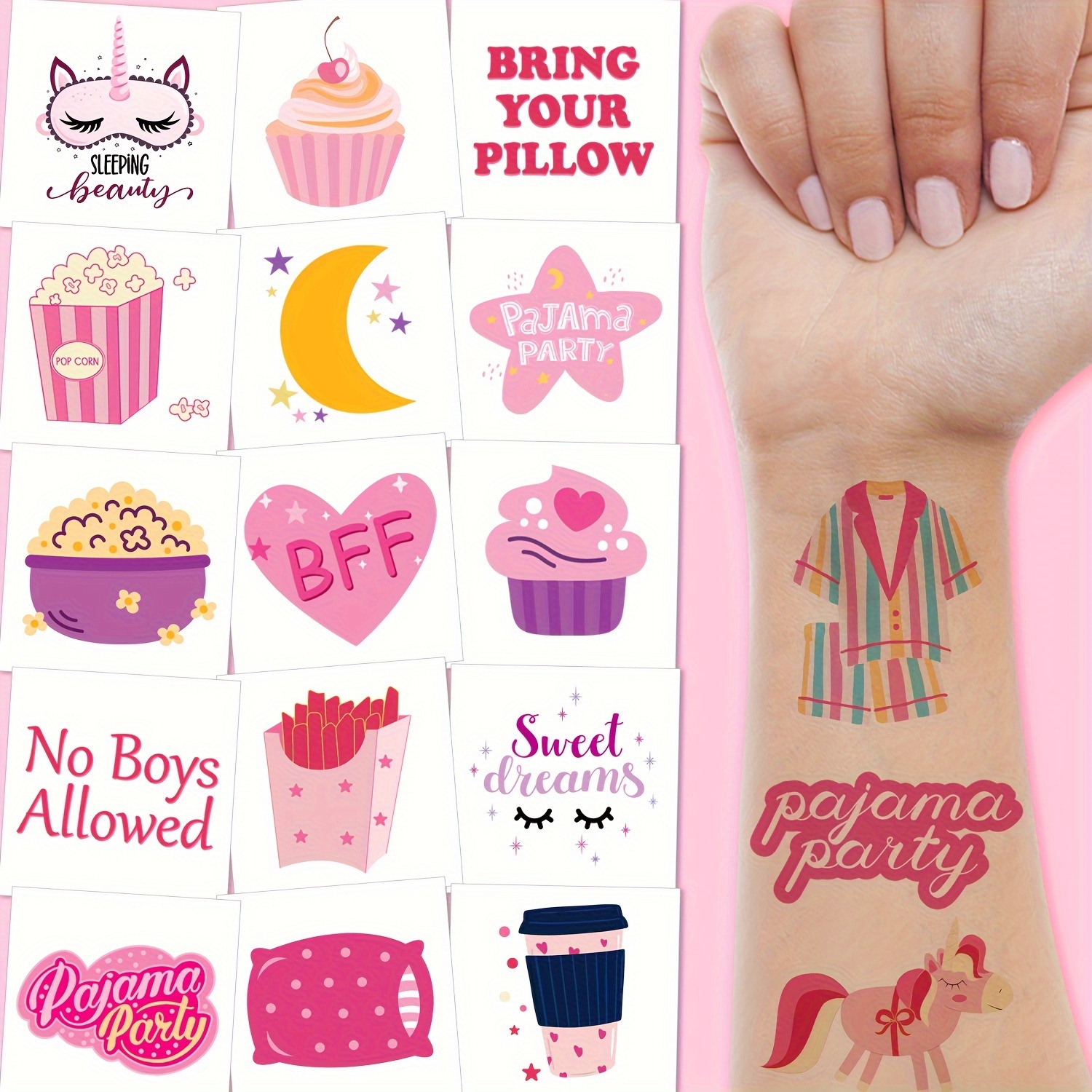 

10 Sheets Pink Sleepover Party Temporary Tattoos For - Pink Birthday Party Supplies, Movie Night Goodie Bag Favors, Cute Pajama Party Decorations