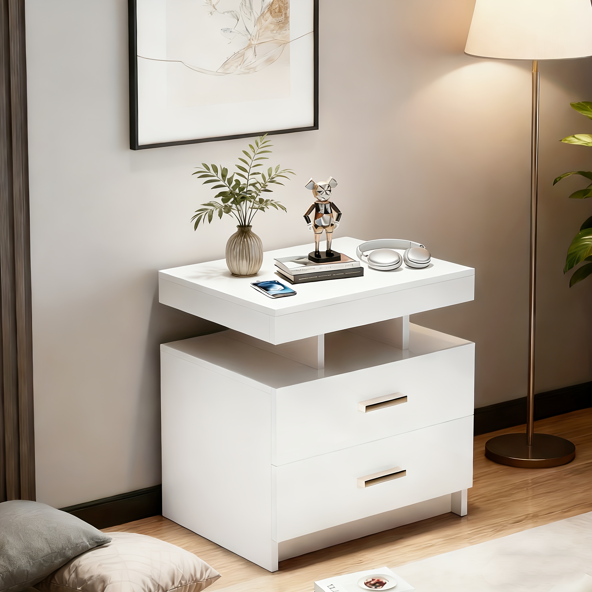 Living Room Side Table, Side Table With Storage Space And 2 Drawers, Modern Bedside Table, White Bedroom Side Table With Golden Handles, 50x40x58cm