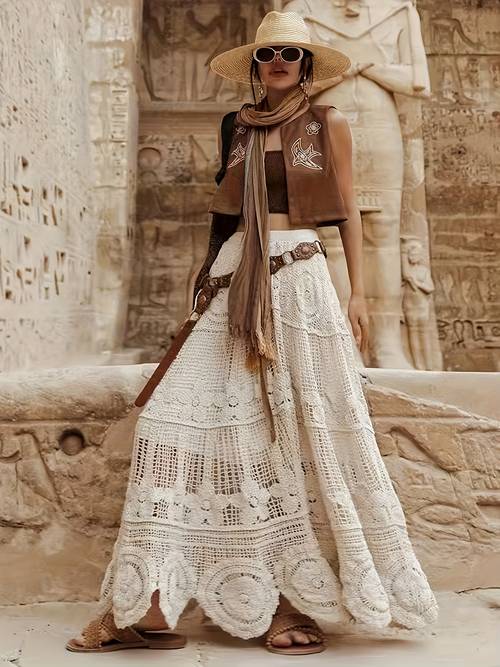 plus size beige bohemian hand crocheted hollow out maxi skirt ethnic beach vacation skirt without belt