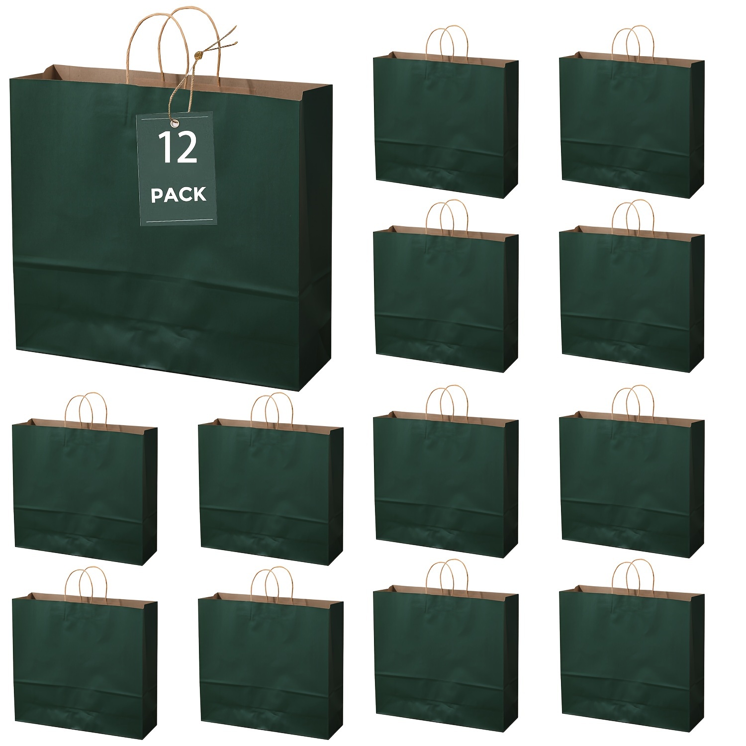 

12 Pack Large Dark Green Paper Gift Bags With Handles - Foldable, Durable Kraft Bags For Shopping, Retail, Party Favors, Birthdays, Business - Versatile Merchandise Bags