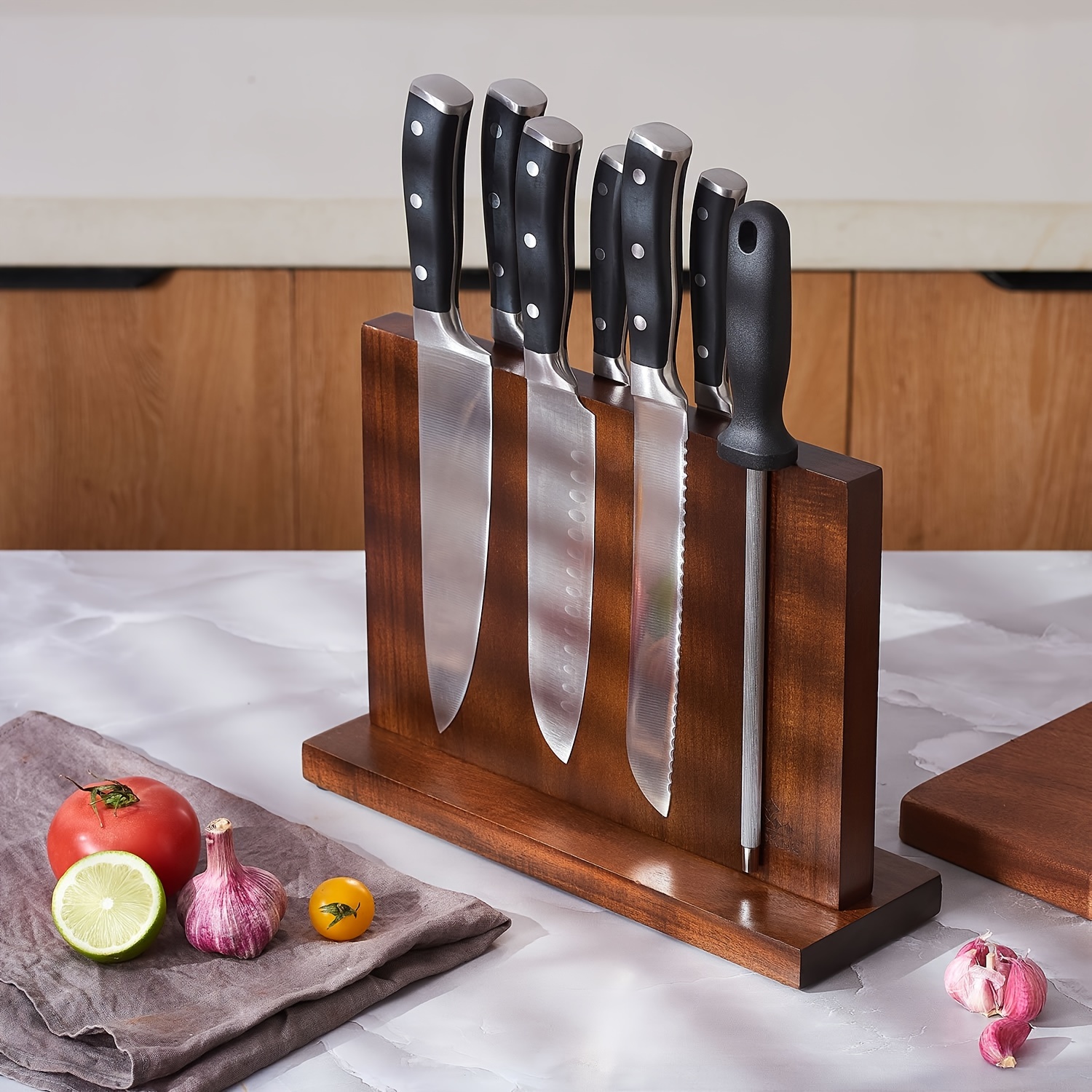 enoking magnetic knife block 12 5 x 9 inches double side magnetic knife holder built in three powerful magnets strip acacia wood universal knife storage organizer for kitchen counter details 0