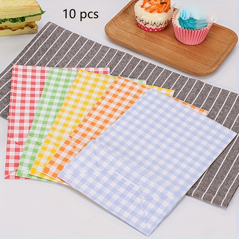 TEMU 10pcs Cute Checkered Paper Gift Bags - Design, Birthdays, Parties & Shopping, Assorted Colors (green, Pink, Yellow, Orange), Party Gift Bags|
