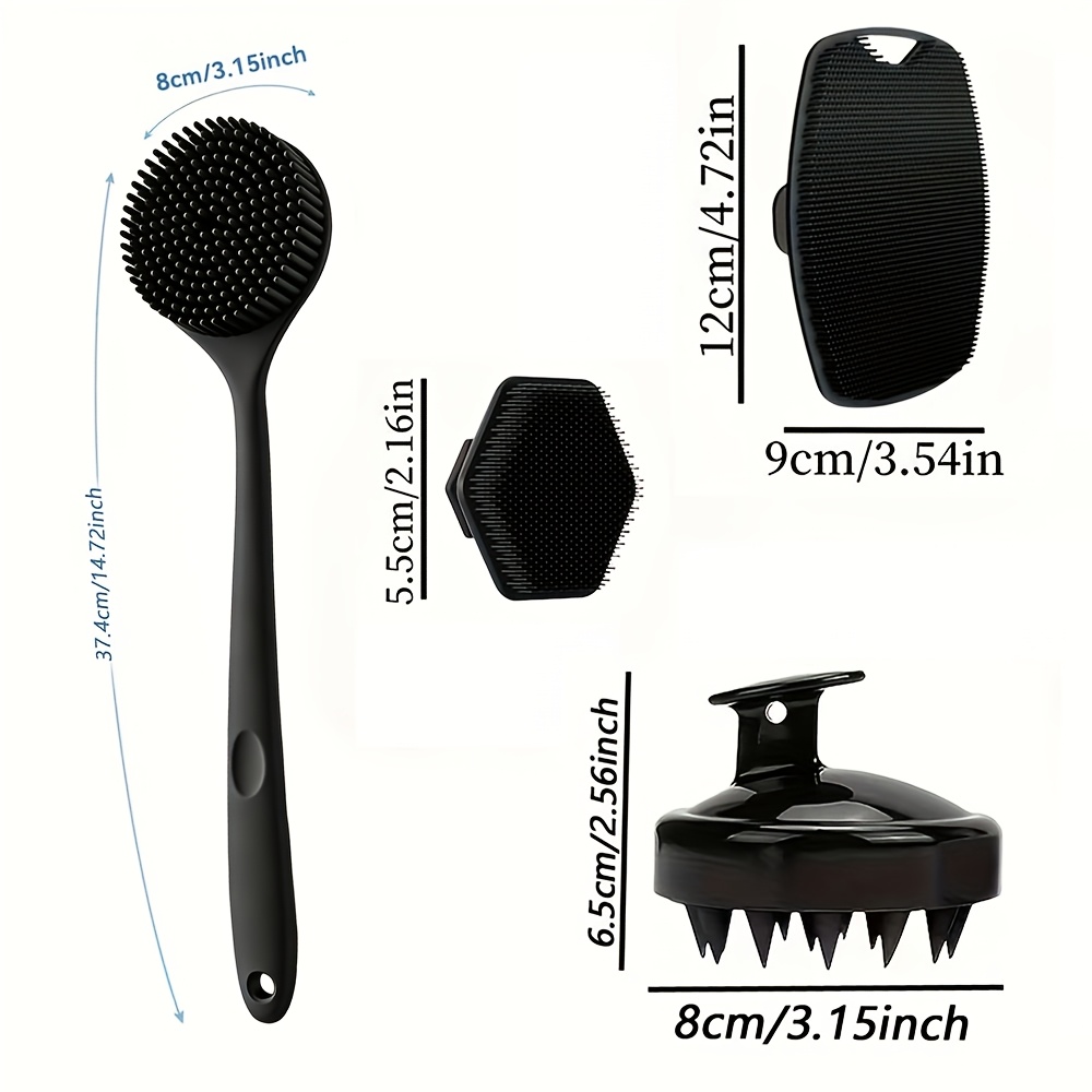 4pcs Shower Brush Set, Used for Back, Face, Body, And Scalp Massage, Gentle Frosted Long Handle Body Brush, Soft Bristles, Skin Cleansing Effectively Removes Dead Skin, Non Slip Grip, Used for Deep Cleaning, Shower Brush Set