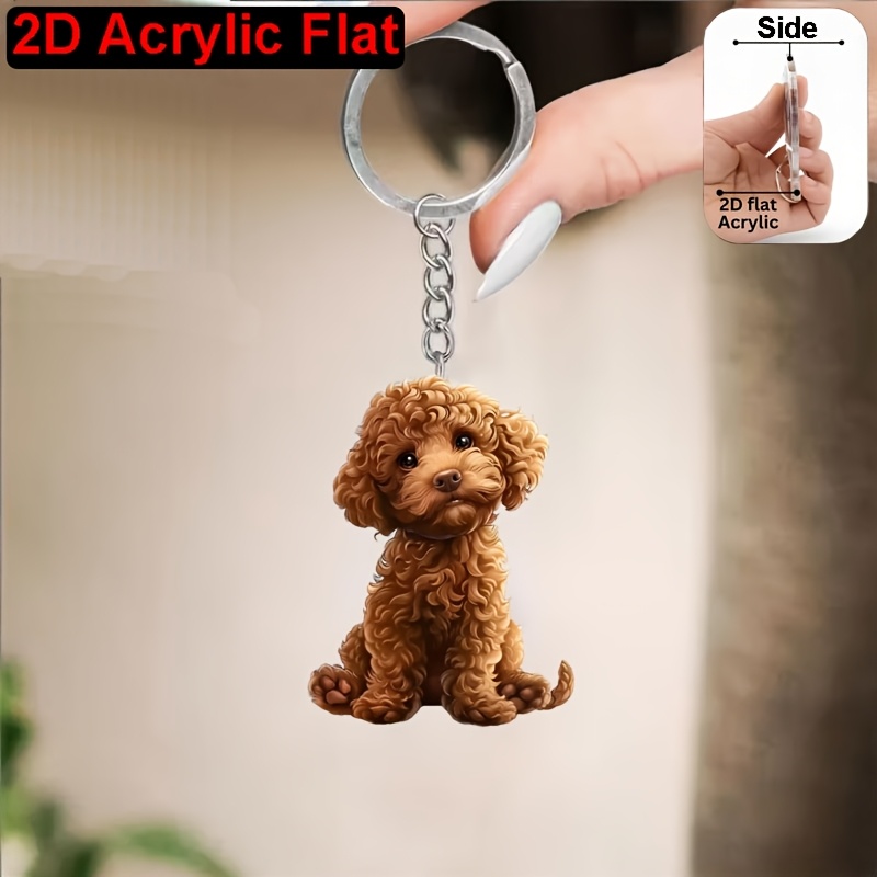 TEMU 2d Flat, 2d Flat 2d Plane, 1pc Cute Brown Poodle Car Keychain, Animal Pendant Acrylic Keyring, No Power Required, 2d Flat