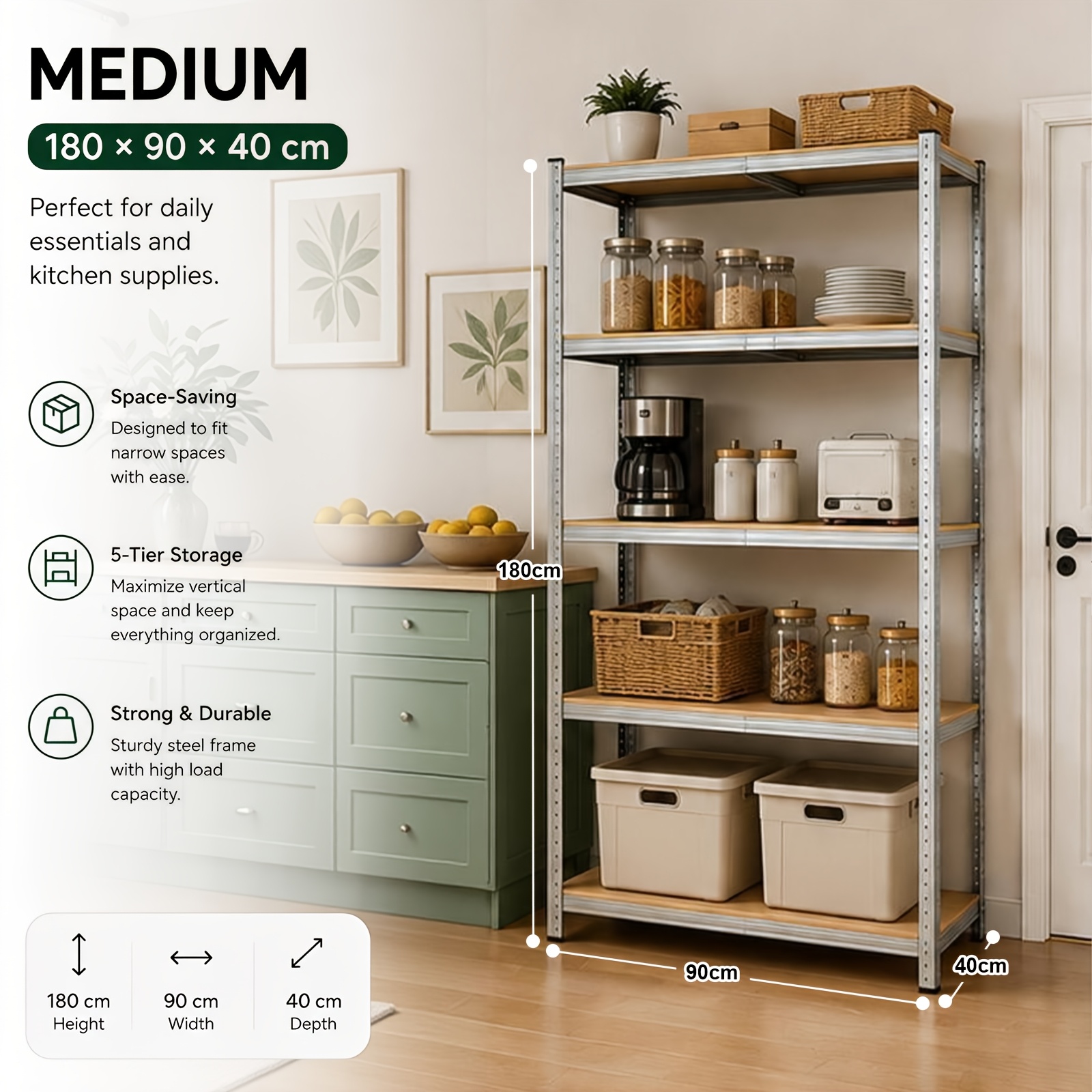 Image of 5-tier Heavy Duty Metal Storage Rack, Freestanding Shelving Unit For Garage, Laundry Room, Pantry, And Kitchen, Multipurpose Storage Organizer, Small, Medium, And Large Sizes , Utility Shelves