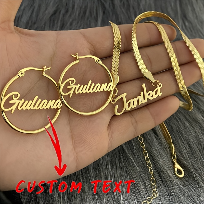 TEMU Custom Name Necklace Earrings Set Stainless Steel Personalized Fashion Jewelry Set Snake-shaped Exquisite Easy Necklace 4cm Hoop Earrings Ladies