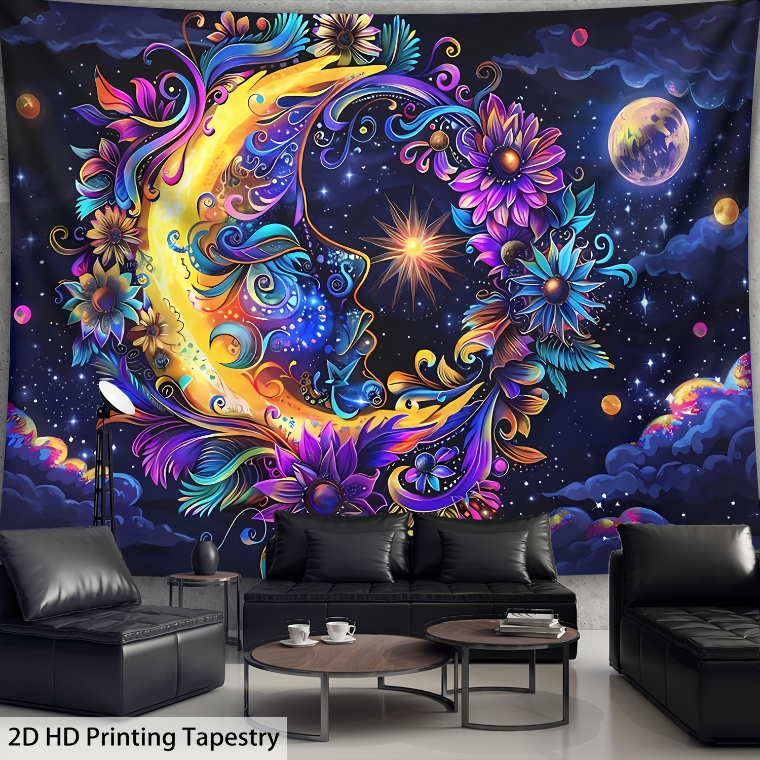 TEMU 2d Flat, [ 2d Flat Printing] -the- And Floral Tapestry- Uv Reactive Black Light Wall Hanging, Psychedelic Night , Suitable For Bedroom,