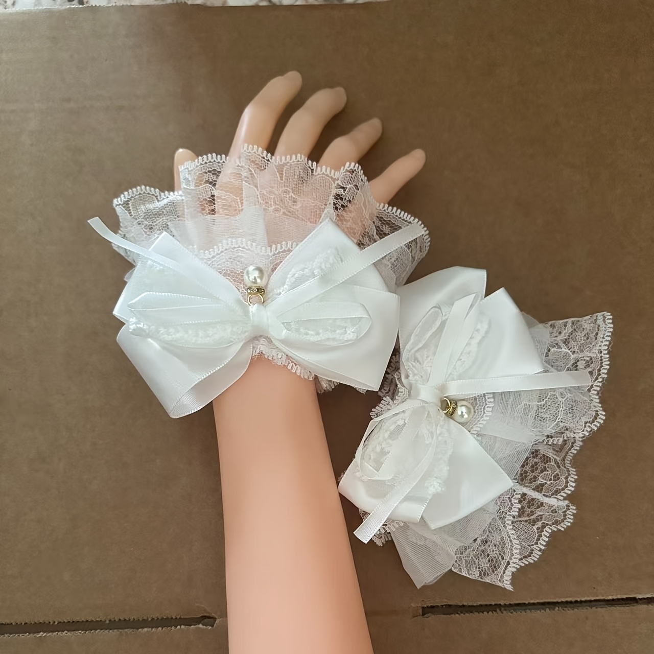TEMU 1pc Elegant Lace Sleeve Gloves With Bow & Pearl Accents - & Cuffs, Weddings, Parties, And Formal Events