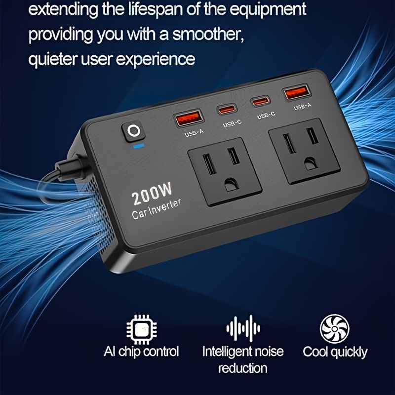 Convertisseur 12V Vers 220V Pour Voiture - Onduleur 200W Avec Ports USB, Type-C Et Prises AC - Charge Rapide En Déplacement