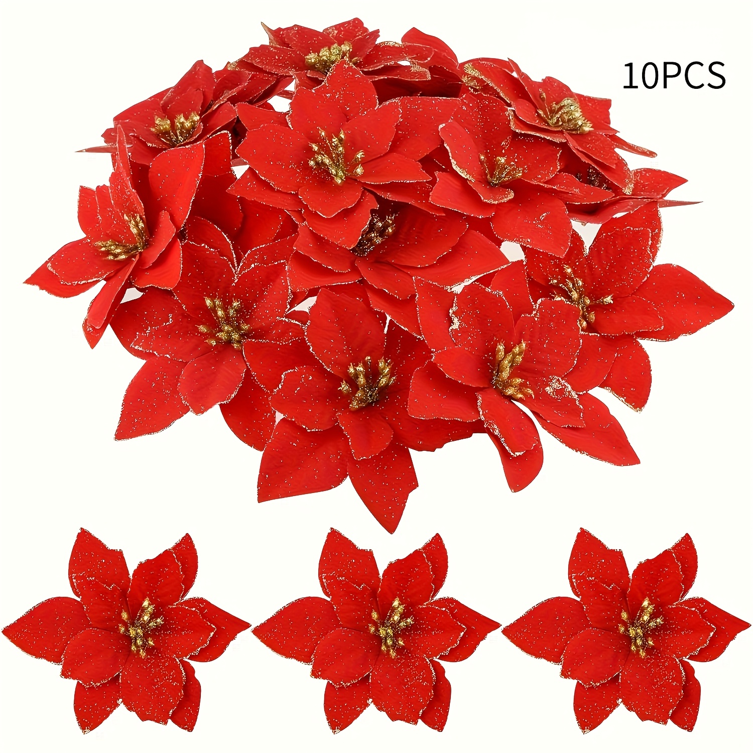 TEMU 10pcs Glitter Poinsettia Artificial Flowers, Christmas Flowers Artificial Flowers, For Decorating Poinsettia Christmas Decorations, Suitable For