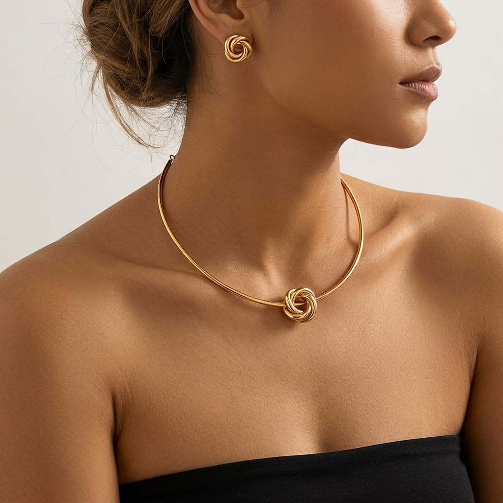 TEMU 2 Sets de Collar y Aretes Irregulares con Cinta y Hebilla de Metal, Estilo Moderno Minimalista, Metal Liso + Diseño de Nudo de Cuerda , Adecuado