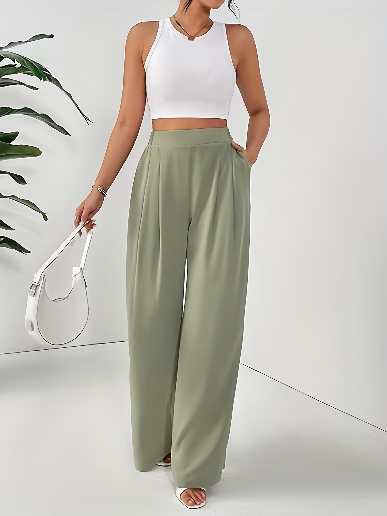 womens high waist wide leg pants light gray casual comfortable with pleated design   spring summer comfortable leisurewear pleated wide legs smooth texture fabric