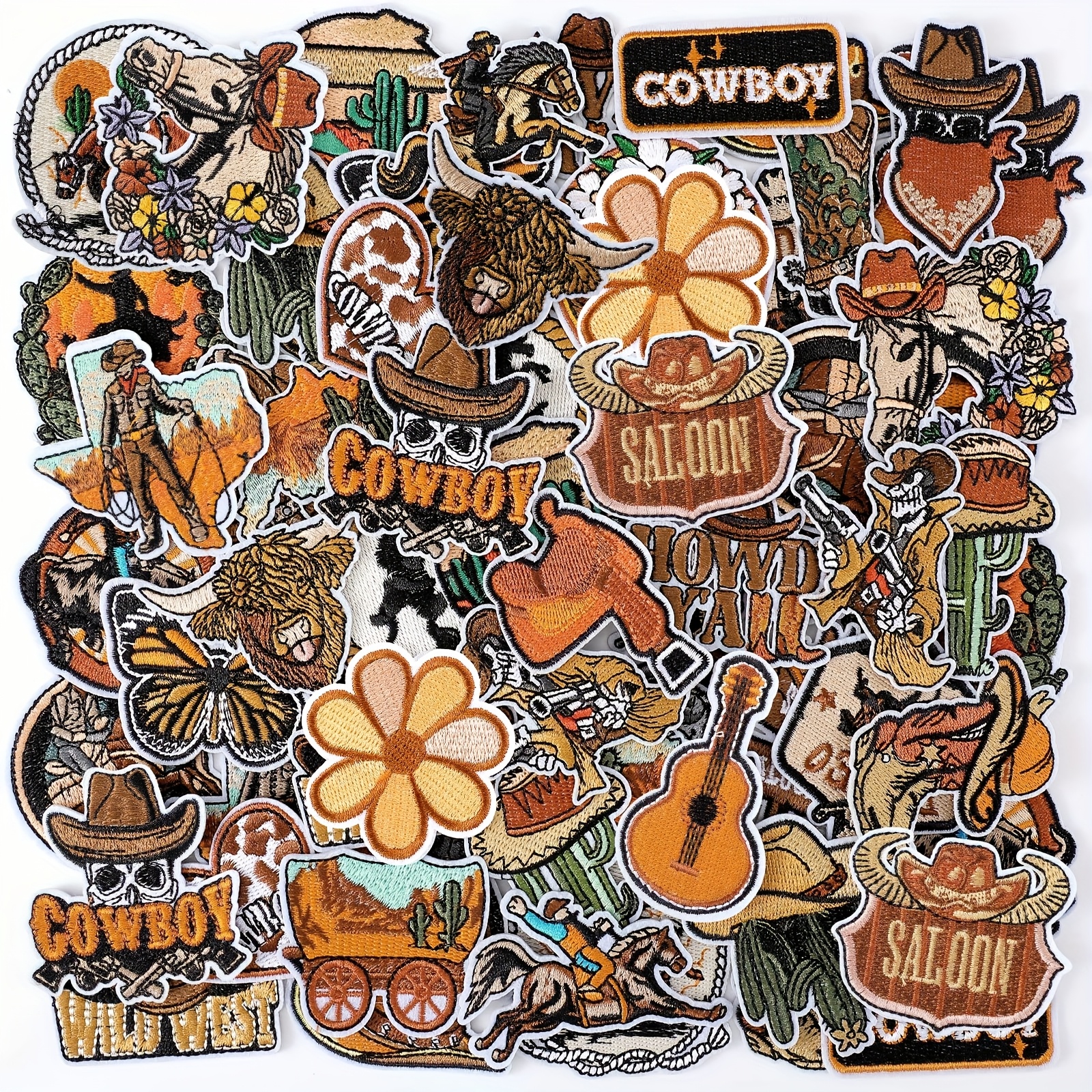 set de 72 parches bordados con temática de vaquero   para coser o planchar,   para reparar o decorar ropa, mochilas, sombreros, chaquetas,   otras adiciones, disponibles en 36 estilos diferentes