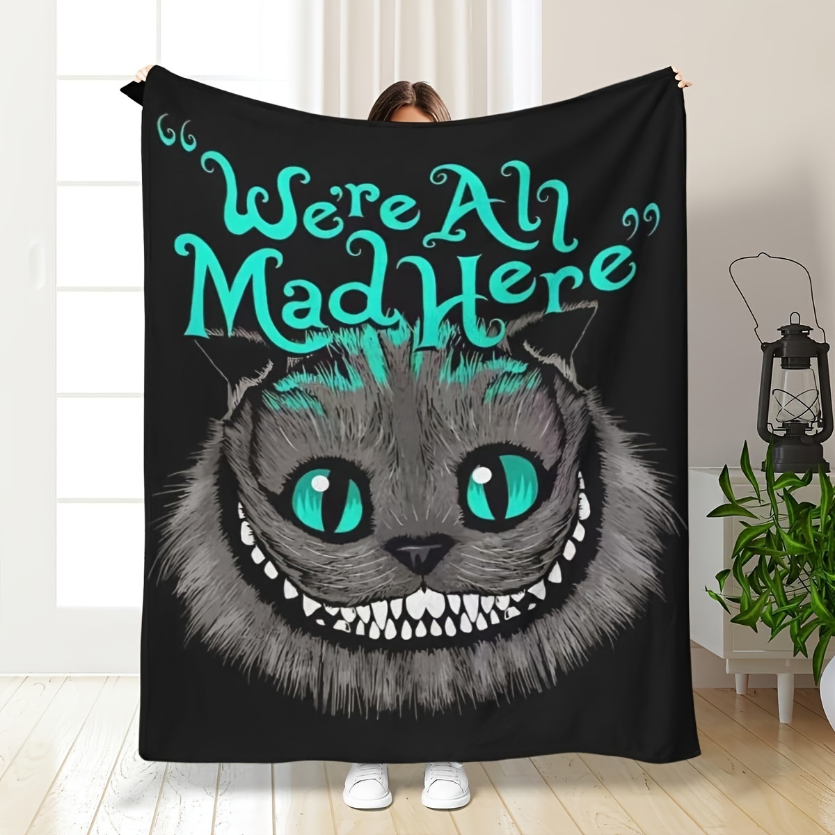 

Cheshire Cat "we' Mad Here" Flannel Throw Blanket – Contemporary Print, Soft Cozy Fleece For Bedroom Decor, All Season Multipurpose Couch/sofa Throw – Machine Washable Polyester