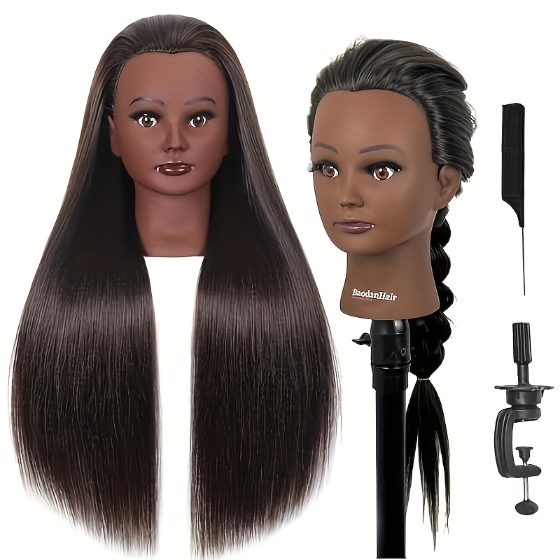 26" Realistic Mannequin Head with Long Wavy Brown & Straight Black Synthetic Hair - Adjustable Stand for Hairdressing Training, Cosmetology Students & Professional Stylists - Includes Free Clamp, Hair Stylist Gifts, Hairstyling Practice, Cosmetology Education, Natural Appearance, Secure Attachment Feature