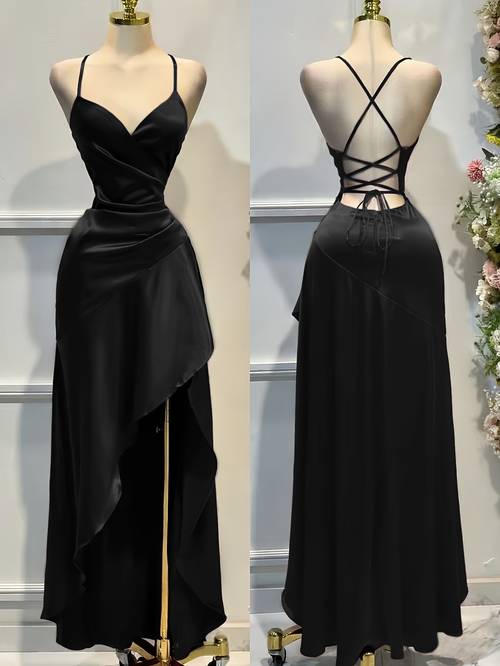 elegant womens solid color satin spaghetti strap asymmetrical ruched hem open back tie waist slit dress for banquet party wedding bridesmaid gown