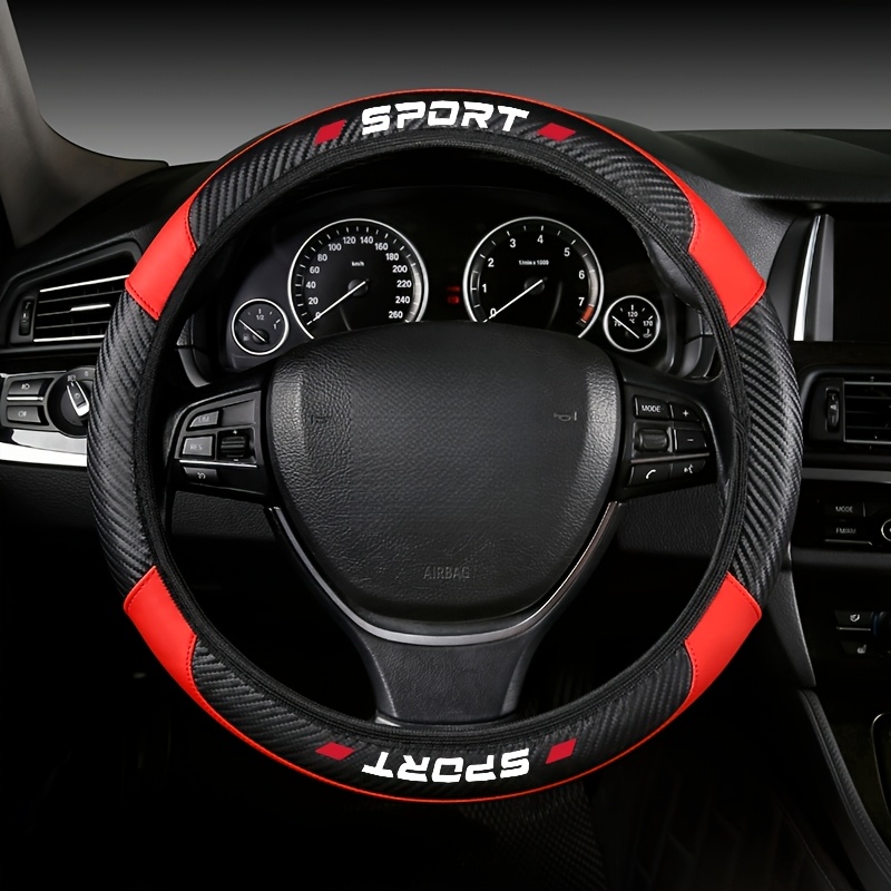 Funda para Volante de PU con Costuras de Imitación de Cuero de Fibra de Carbono, Adecuada para Volantes de Coche de 15 Pulgadas, Universal para Cuatro Secciones