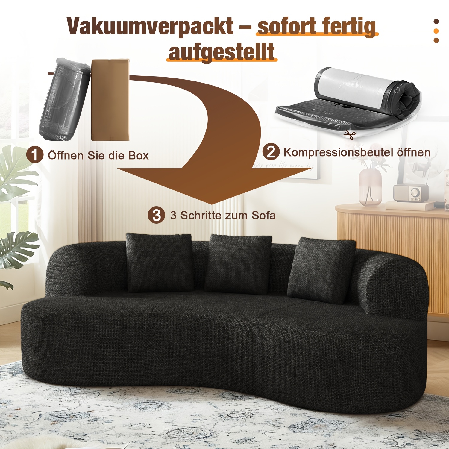 TEMU Crescent-shaped Sofa With Sleeping Function Chenille Sofa Bed, L-shaped Sofa, Three-seater Sofa With Throw Pillows, Living Room Sofa, No