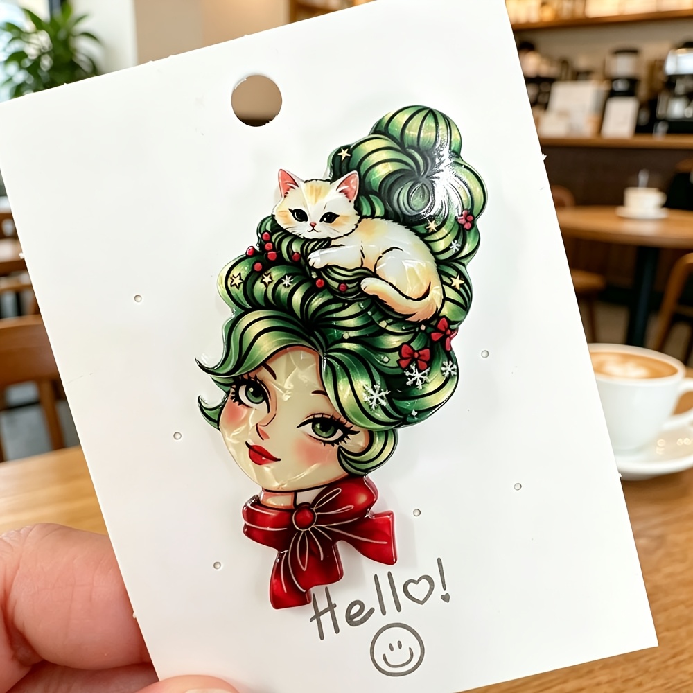 TEMU 1pc Christmas Retro Christmas Tree Hair Style Acrylic Brooch Cute Kitten Shaped Pin