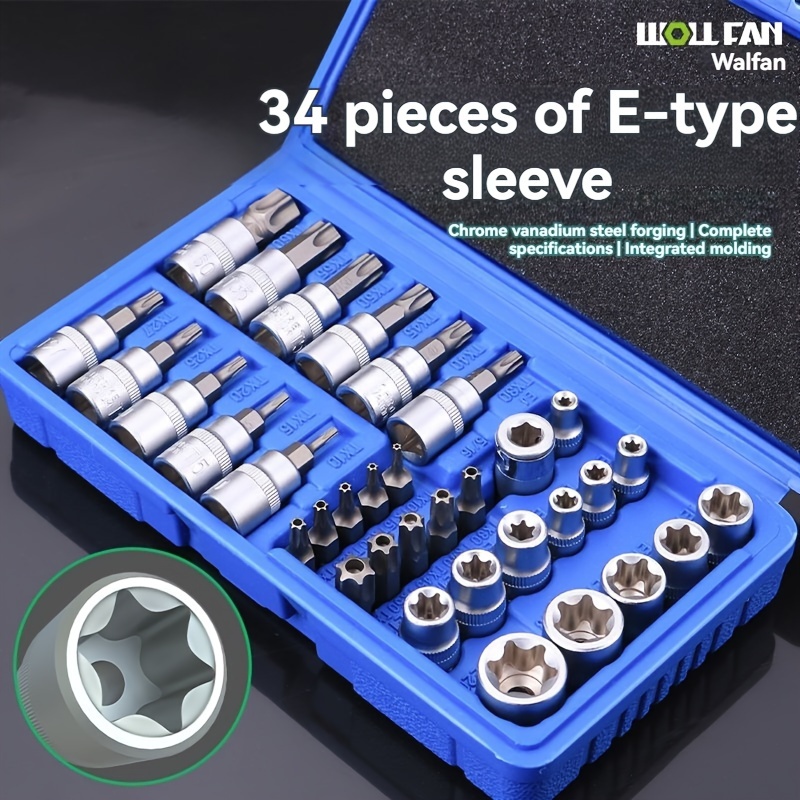 

34-piece E-type Socket Set With Hexagonal Pattern - Chrome Vanadium Steel Forging, Complete Specifications, Integrated Molding - Applicable To A Wider Range, Fastening Does Not Slip