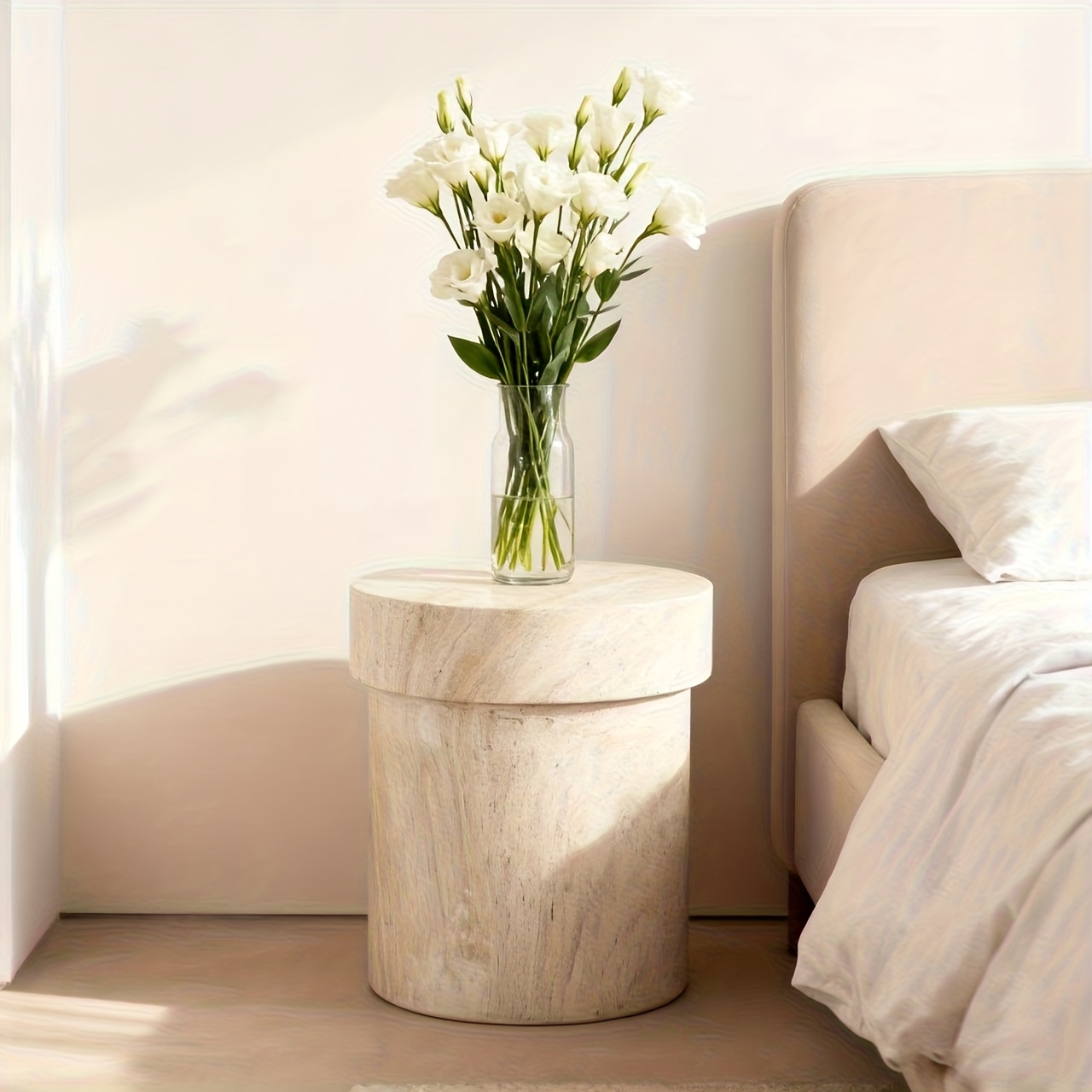 1pc Vintage Natural Stone Side Table, Luxury Bedside Table for Bedroom, Light Luxury Style Accent Table for Living Room