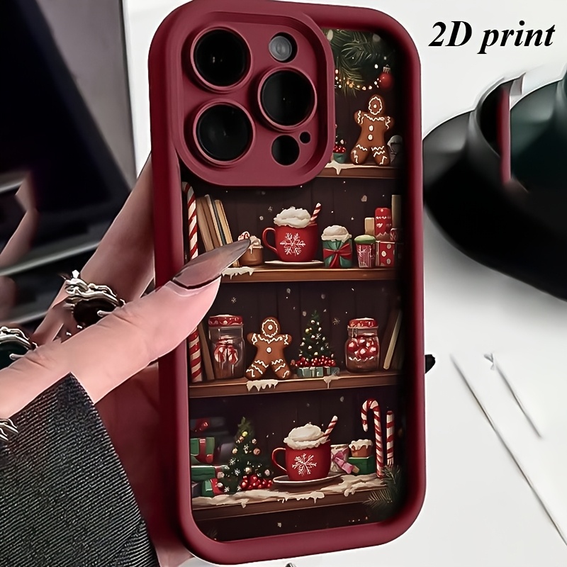 Phone Case - Phone Case: Christmas Shelf Phone Case With Burgundy Frame, Christmas Scene Design, Gingerbread For Man And Print, Full-coverage Drop-proof Protective Case For Iphone 17 Pro Max