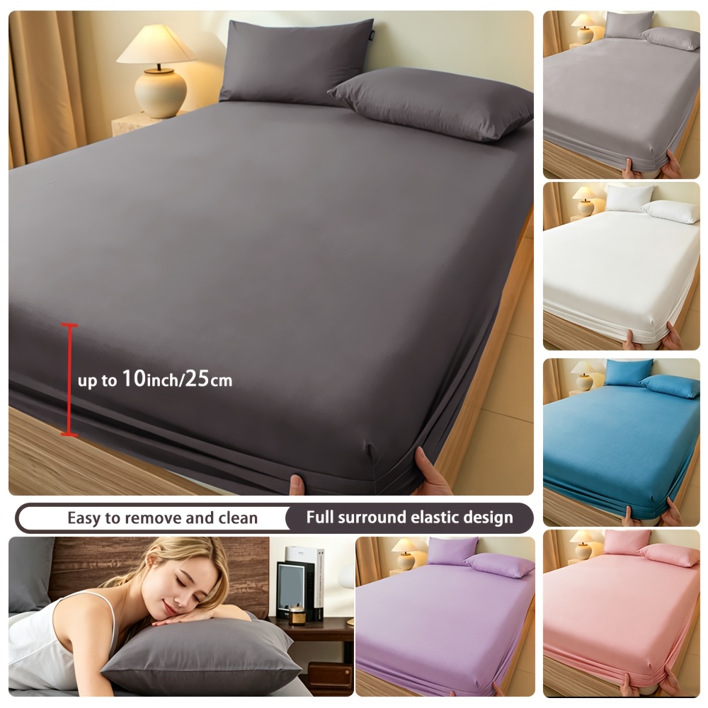 1 piece full size fitted sheet suitable for single   king beds light beige solid color bed sheet breathable hotel grade dustproof mattress protector wrinkle resistant machine washable bed cover fits tightely for   use