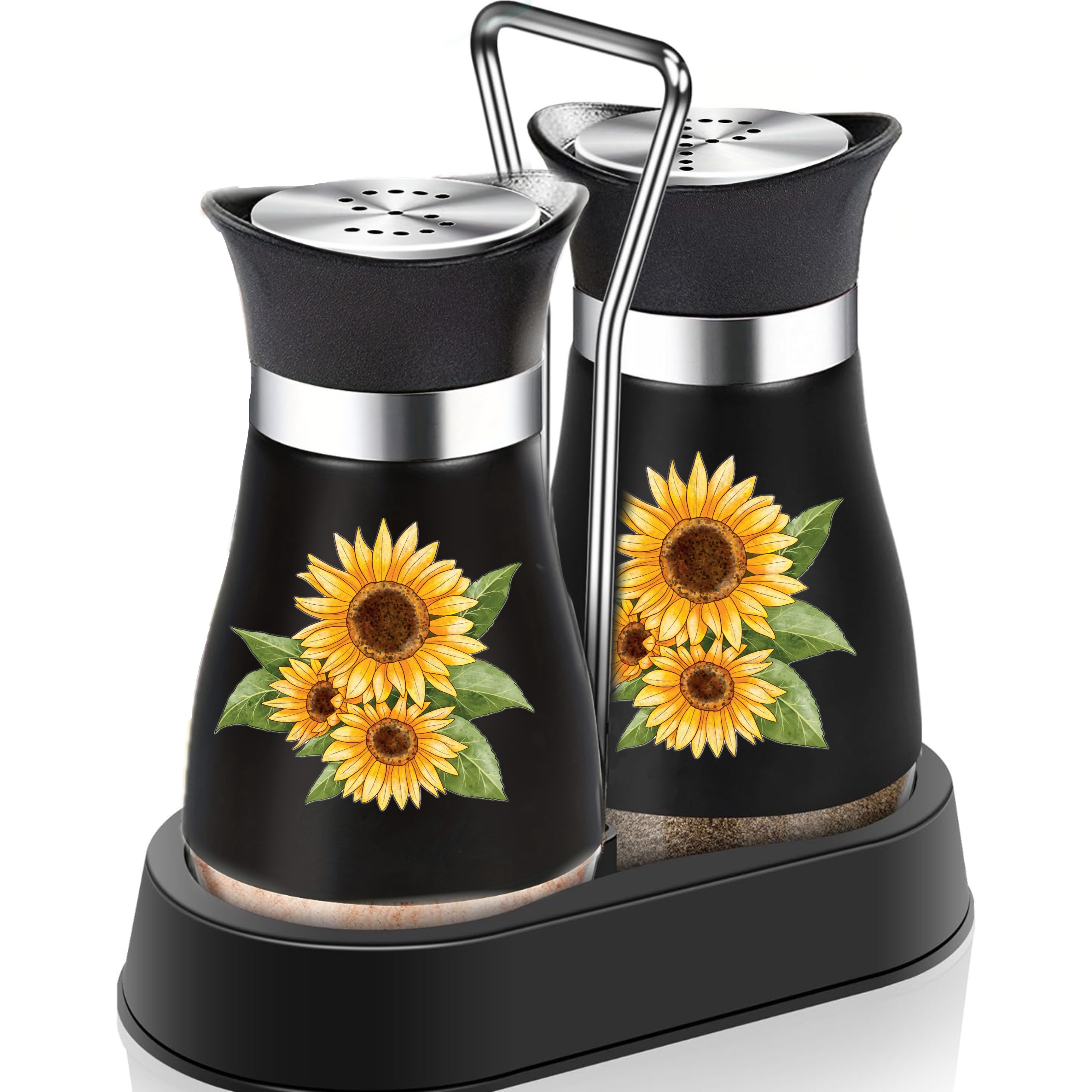 

2pcs, Sunflower Design Salt And Pepper Shakers Set With Elegant Transparent Glass Base, Suitable For Cooking, Kitchen, And Dining Use, Kitchen Tools