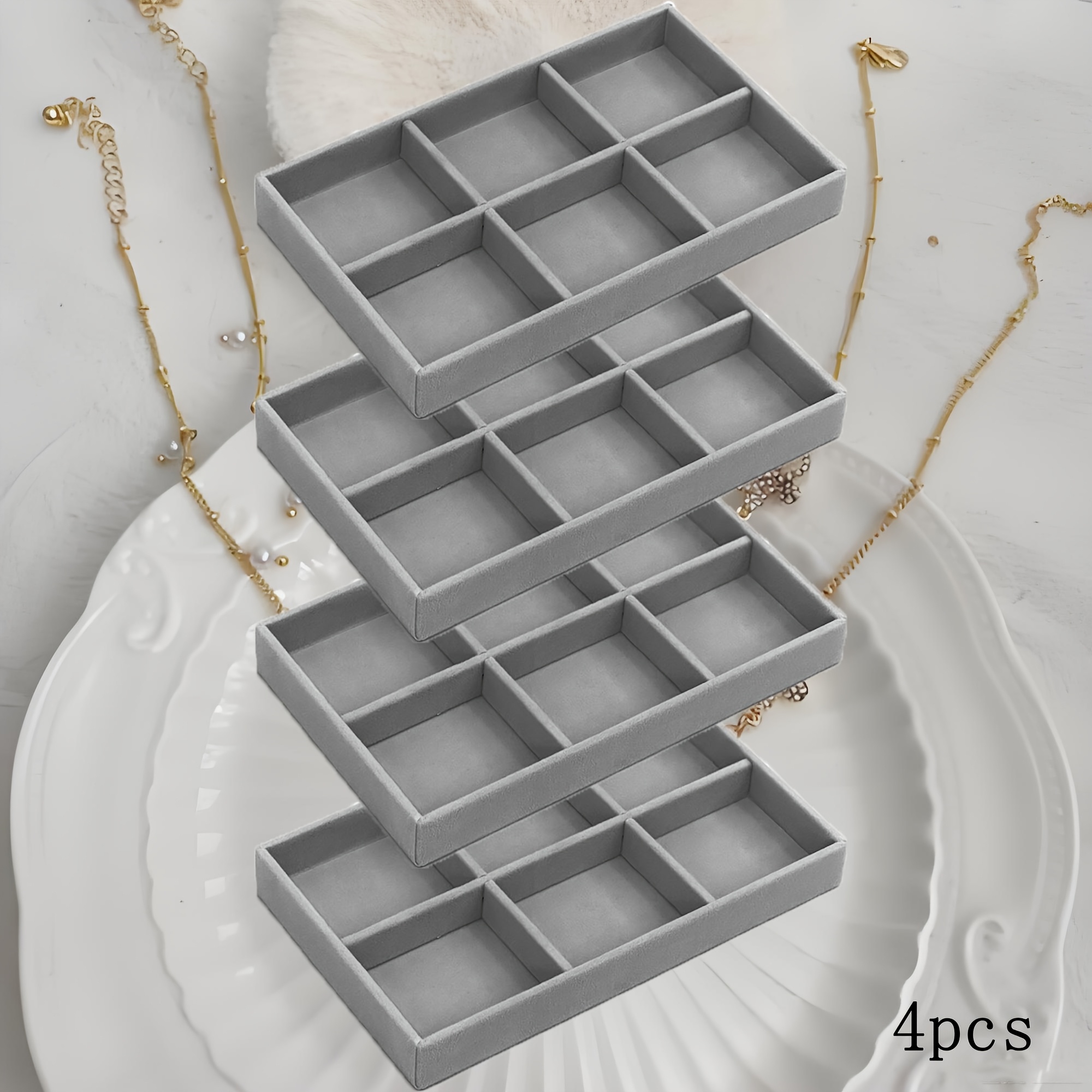 TEMU Stackable Pale Grey 4pcs Jewelry Storage Tray, Suitable For Earrings, Rings, Necklaces, Bracelets, Etc., With Dividing Partitions That On