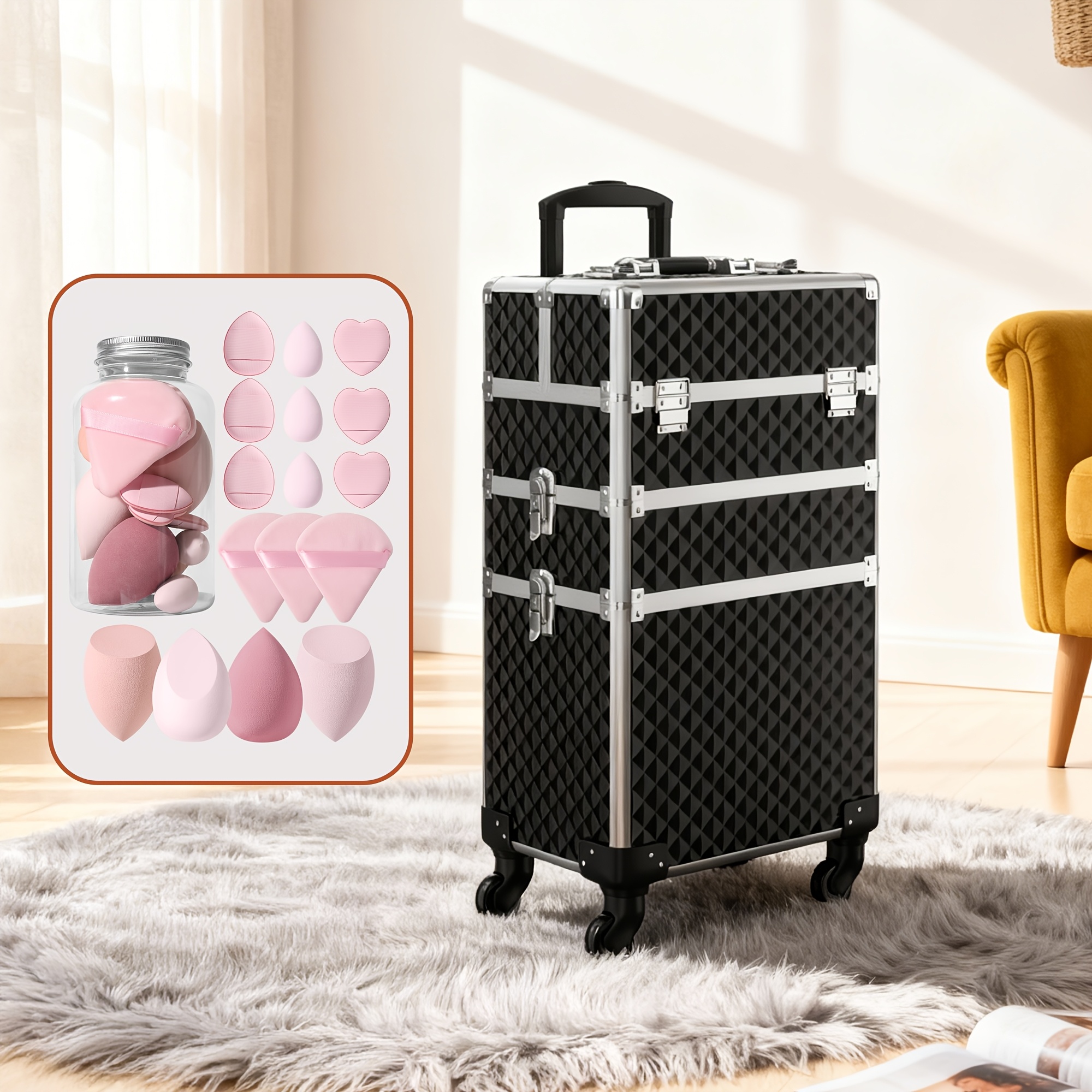 TEMU Rolling Makeup Train Case With Makeup Sponges Set, Large Storage Cosmetic Trolley 3in 1 Large Capacity Trolley Makeup Travel Case With Key Swivel Wheels Salon Barber Case Traveling Cart Trunk