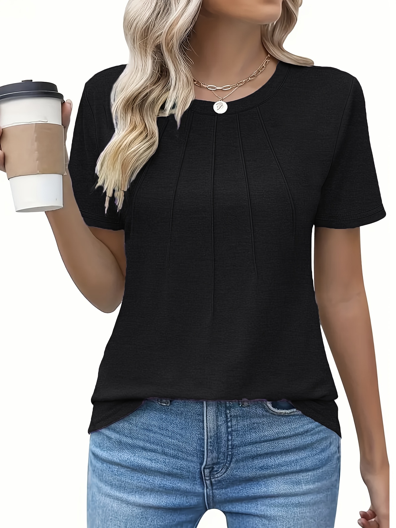 Women'S Casual Summer T-Shirt - Solid Color, Round Neck, Short Sleeve, Comfortable Loose Fit, Dark Blue, Polyester Blend, Machine Washable, Casual Summer Wear | Round Neck Tshirt | Texture