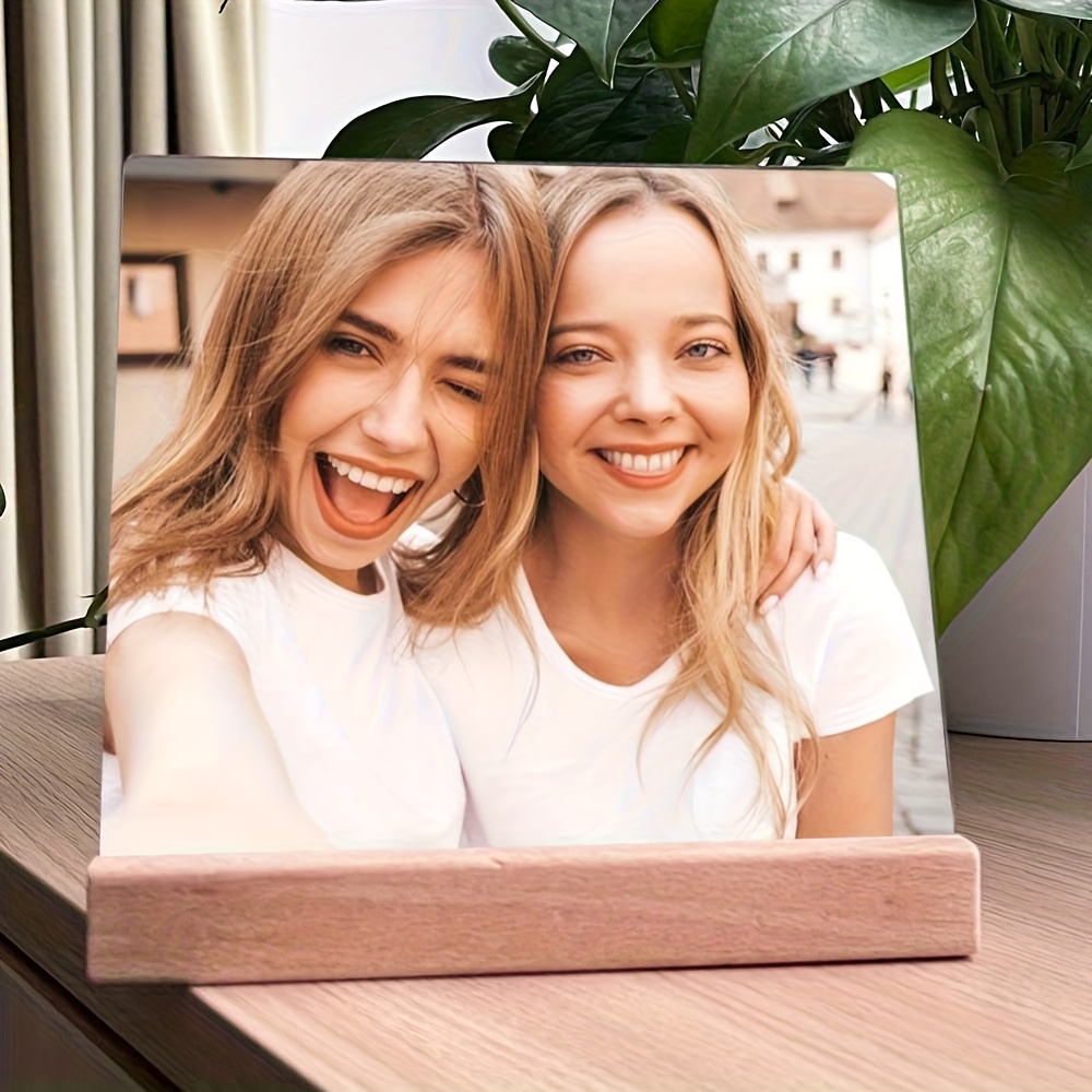 TEMU 2d Flat - [2d Flat] 2d Custom Bohemian Style Photo Plaque With Natural Wood Tray, Art Printed Acrylic Photo Frame, Keepsake For Sisters And ,