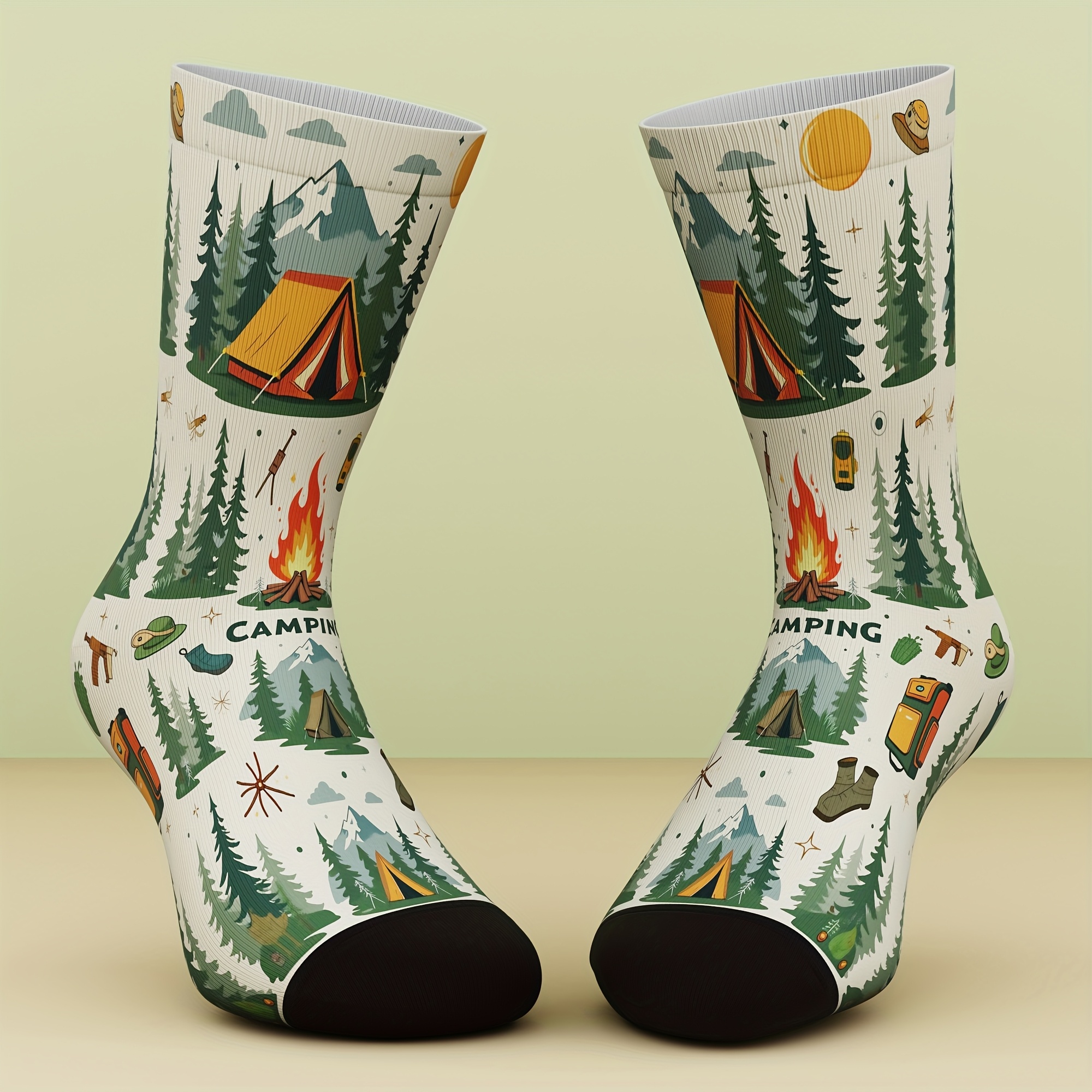 TEMU 1 Pair Of Unisex Socks, Outdoor Camping Pattern, Fresh And Bright, Fashionable And Comfortable, Sock Gift, Suitable For Outdoor Sports, Machine