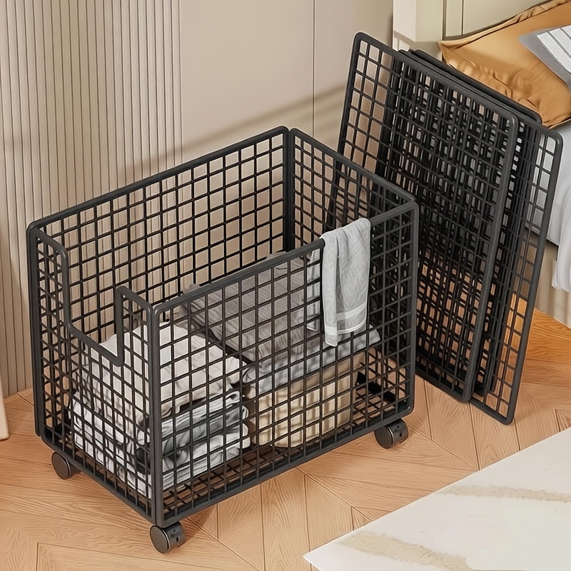 1pc 17.32-inch Black Storage Basket With Large Capacity, Adjustable Height, Movable Wheels, Durable Metal, Easy To Assemble, Suitable For Storing Clothes, Blankets, Etc., Shelf Baskets