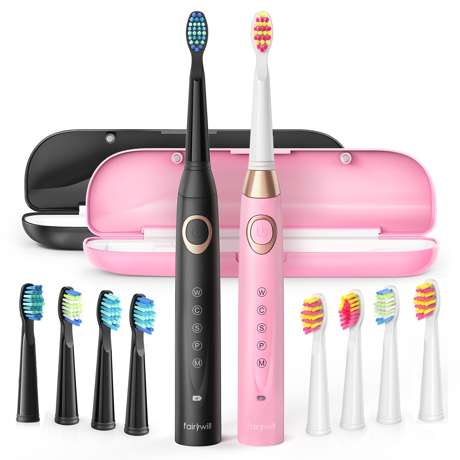 Fairywill Electric Toothbrush 2-pack For Adults With 8 Brush Heads And 2 Travel Cases, Gifts For Men/women, 5 Rechargeable Power Toothbrush
