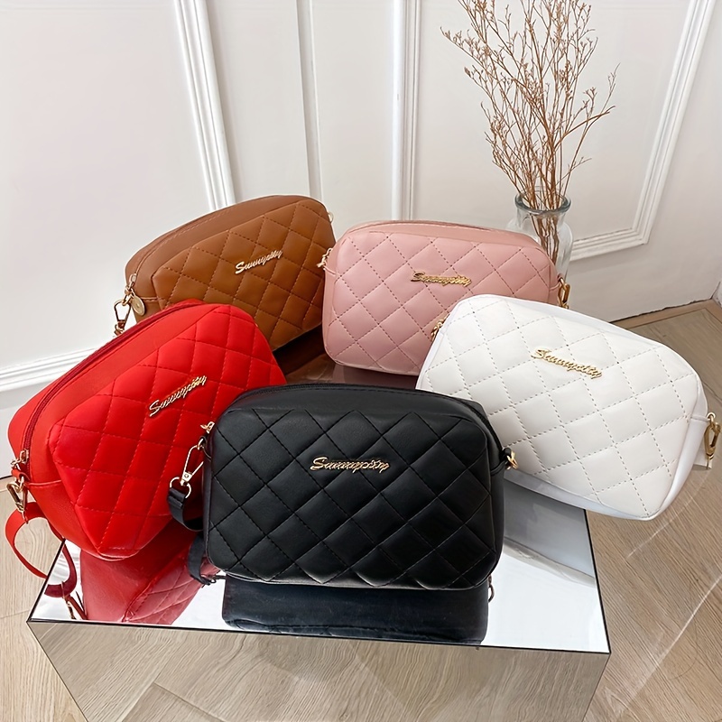 

#228 Embroidery# Diamond Quilted Zipper Square Bag, Metal Letter Decoration Shoulder Bag, Fashionable Women's Messenger Bag, Camera (20*6*12) Cm