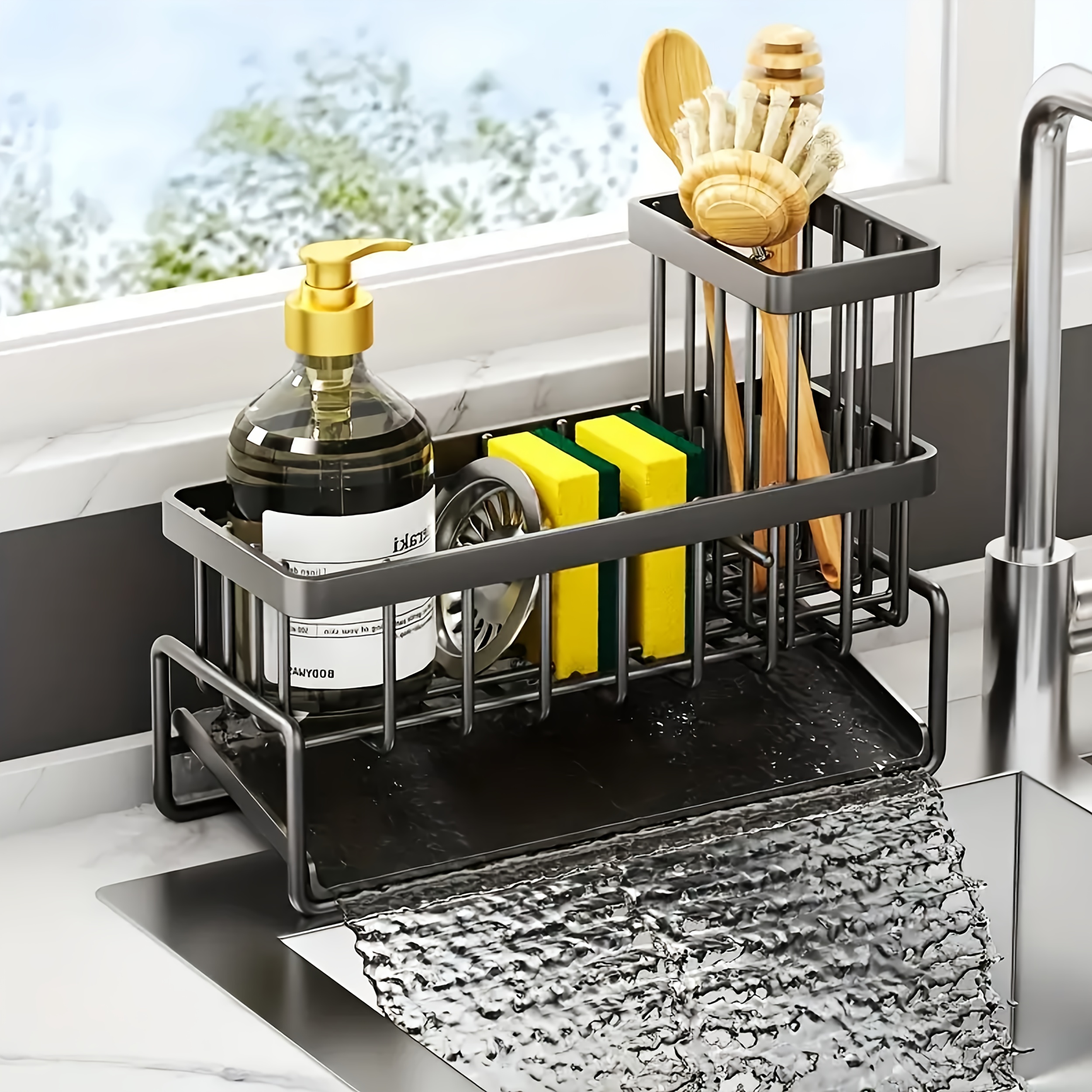multi functional sink storage box with hanging rod detachable drainage basket   no perforated sponge rack needed organize kitchen dishwashing brushes dishcloths cleaning accessories durable   for home or commercial use kitchen sink accessories