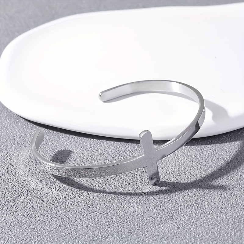 Image of Stainless Steel Cross Open Bangle Bracelet - Hip-hop Style Adjustable Size For Women, Fashionable Casual Attire