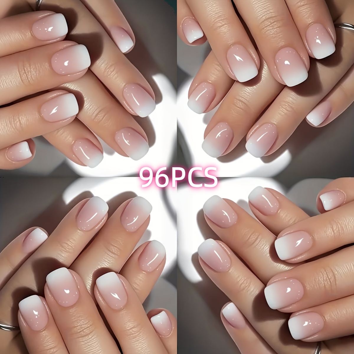 Image of 96pcs Ombre Press-on Fake Nail Set - Short Square Women's False Nails, Ombre Manicure, Suitable For Valentine's Day, Includes Nail Glue, Reusable Adhesive Nails