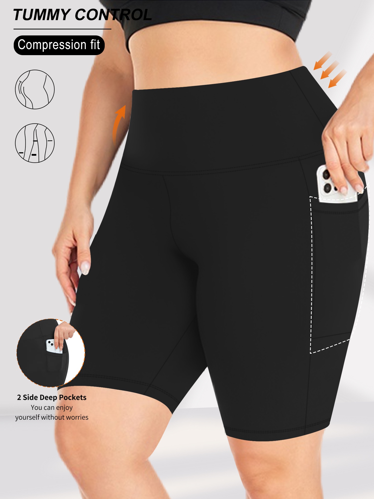 A person wearing a black women's workout shorts with pockets sold by 100 Spartans