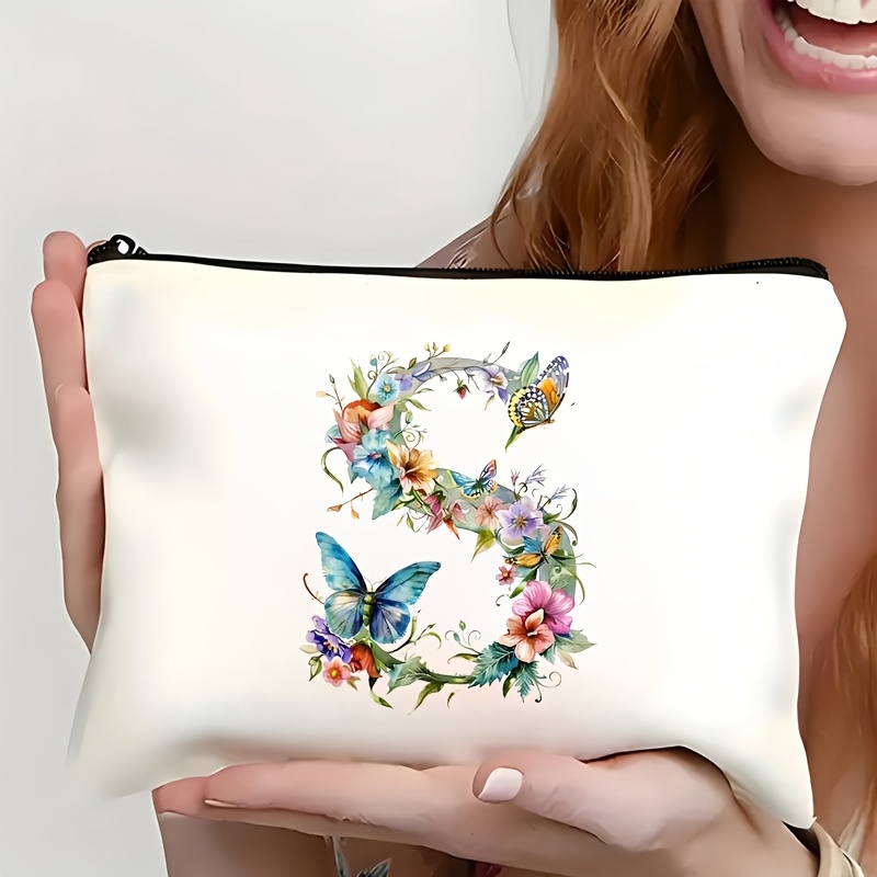 TEMU [Damen Make-up Tasche] Aquarell Blumen Schmetterling 26 Buchstaben Druck Reißverschluss Multifunktionale Clutch, Personalisiertes Auffälliges