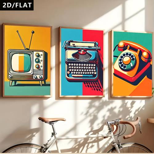 2d flat 2d flat 3pcs vintage style colorful cartoon electrical appliance poster sets telephones canvas wall art wall decor suitable for hanging on the walls of bedrooms living rooms kitchens dining rooms
