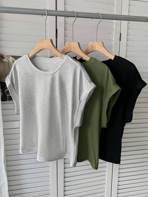 3er-pack damen t-shirts in einfarbig mit hochkrempelbaren kurzarmärmeln – lässige sommerblusen mit rundhalsausschnitt, maschinenwaschbar, blickdicht, für outdoor, büro, freizeitkleidung – vielseitige basic-garderobe zum schichten