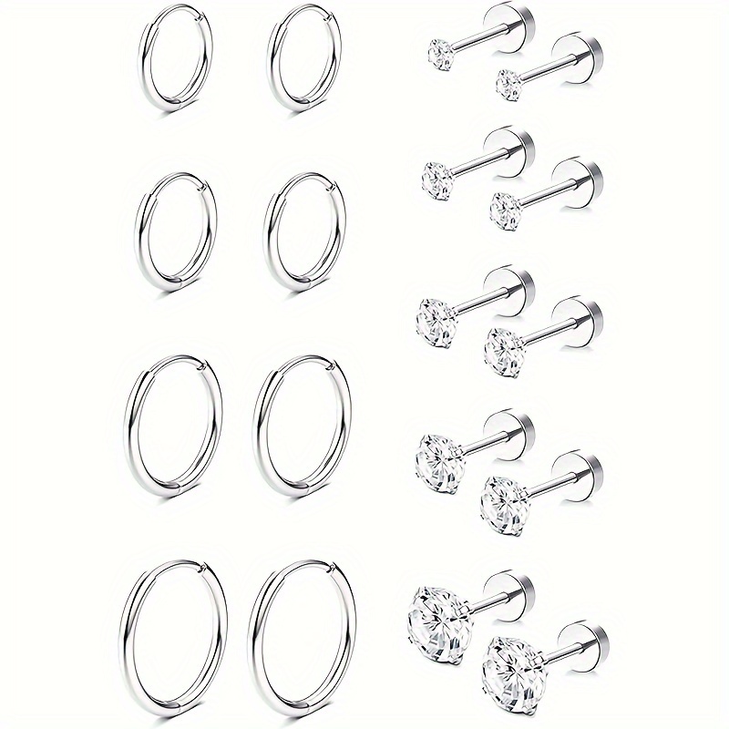 

9 Pairs Of Stainless Steel Hypoallergenic 4 Pairs Of Hoop Earrings + 5 Pairs Of Studs Of Different Sizes, Suitable For Women's Daily Wear (multi-piece Set)