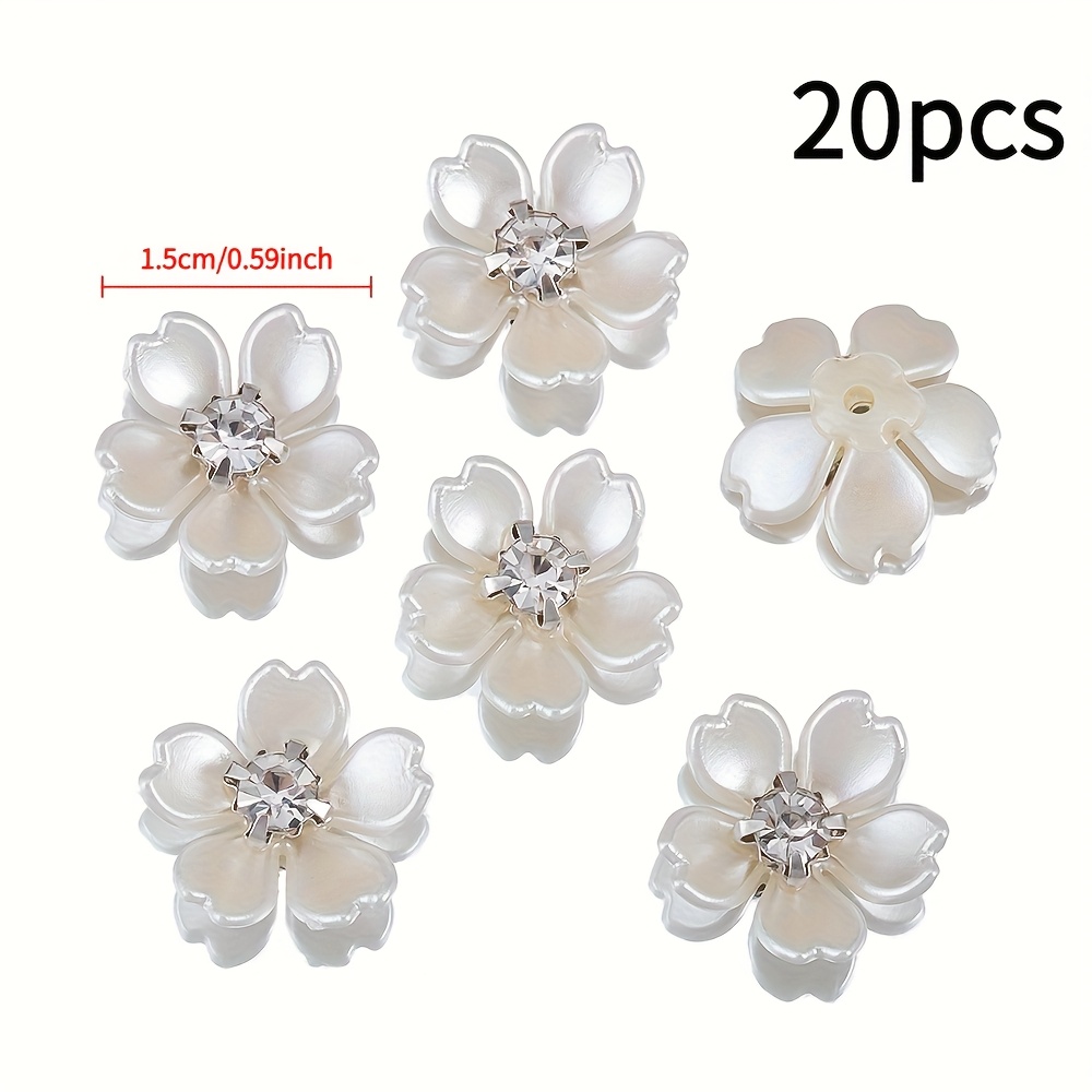 TEMU 20pcs Acrylic Flower Beads 15mm - White Five- With Rhinestone Embellishments, Suitable For Diy Hair Clips, Phone Cases, Car Decorations & Crafts