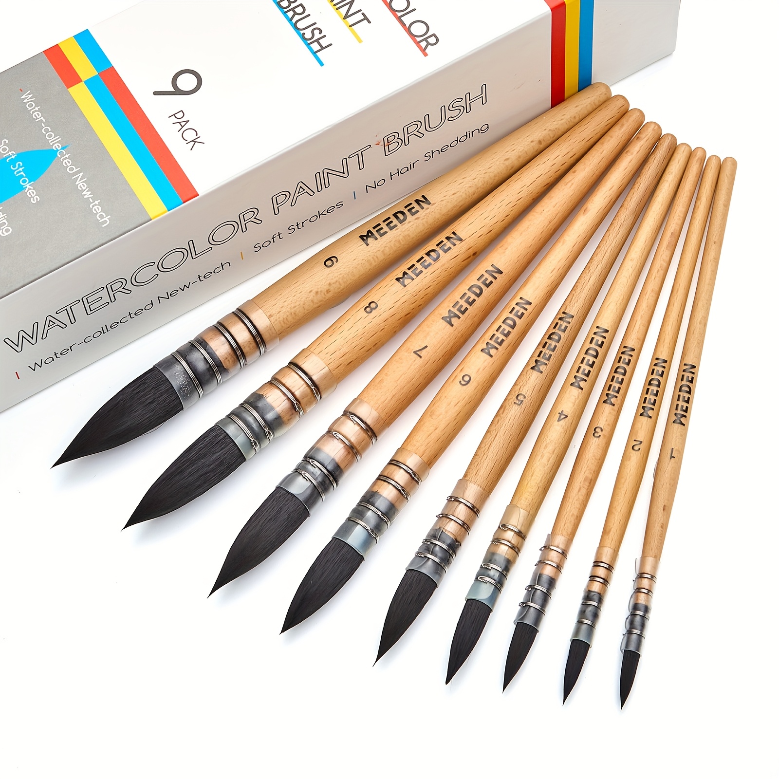 TEMU Meeden Professional Watercolor Brush Set - Round Fine Tip Mop Brushes With Soft Synthetic Squirrel Hair Suitable For Watercolor Painting,