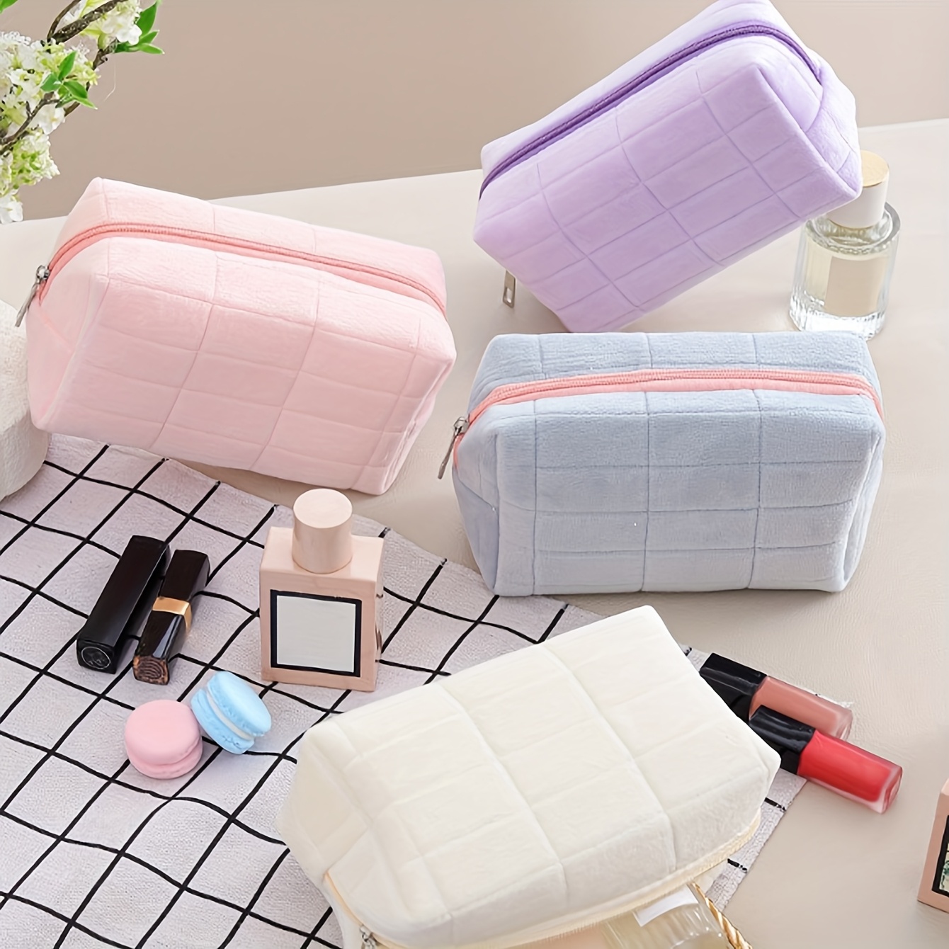 velvet decompression pillow makeup bag portable wash bag large capacity high end checkered cosmetics storage bag