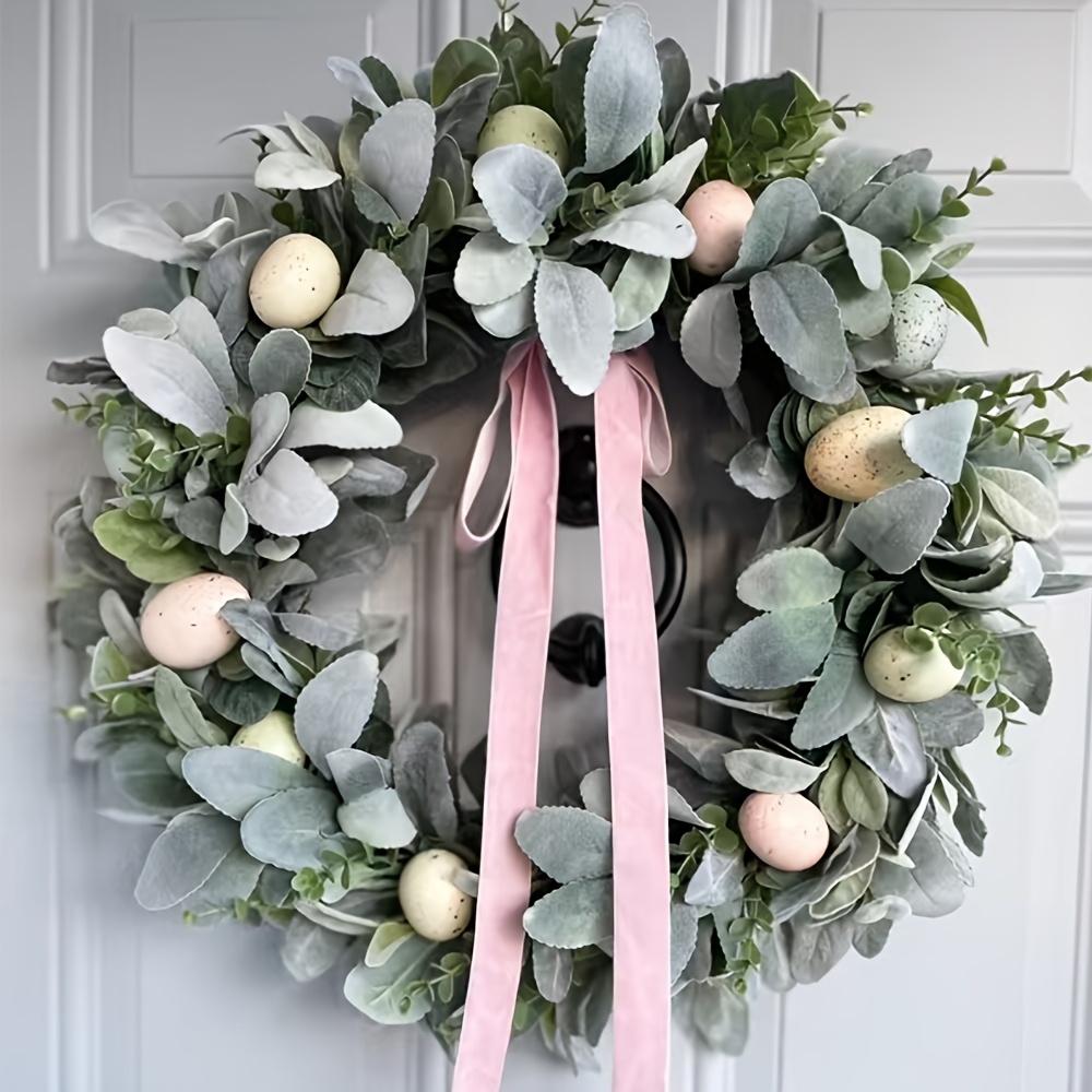 

1pc Americana Style Easter Wreath, 15.7inch Plastic Spring Door Decor With Pastel & Lambs Ear, Floral Wall Hanging Decoration, No Electricity Or Feathers Required