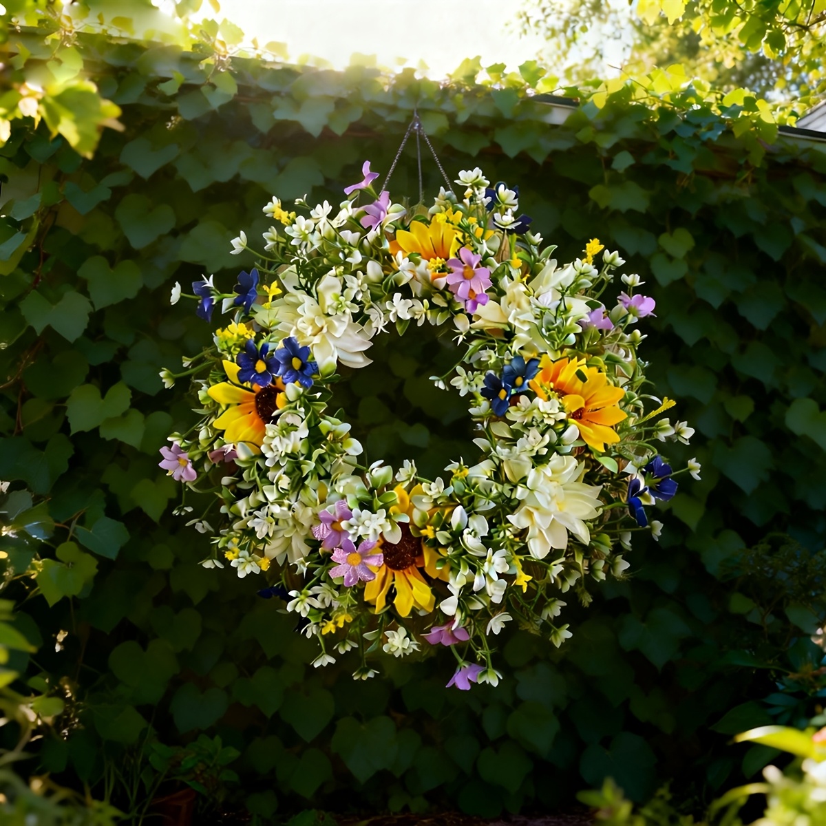 1 pièce Couronne de fleurs artificielles, saisonnière printemps-été, pour la Saint-Valentin, la fête des Mères, la décoration de Pâques, la décoration de lieu de mariage et de fiançailles, couronne de fleurs faite à la main, tournesol, tournesol, dahlia, chrysanthème, couronne de fleurs colorées
