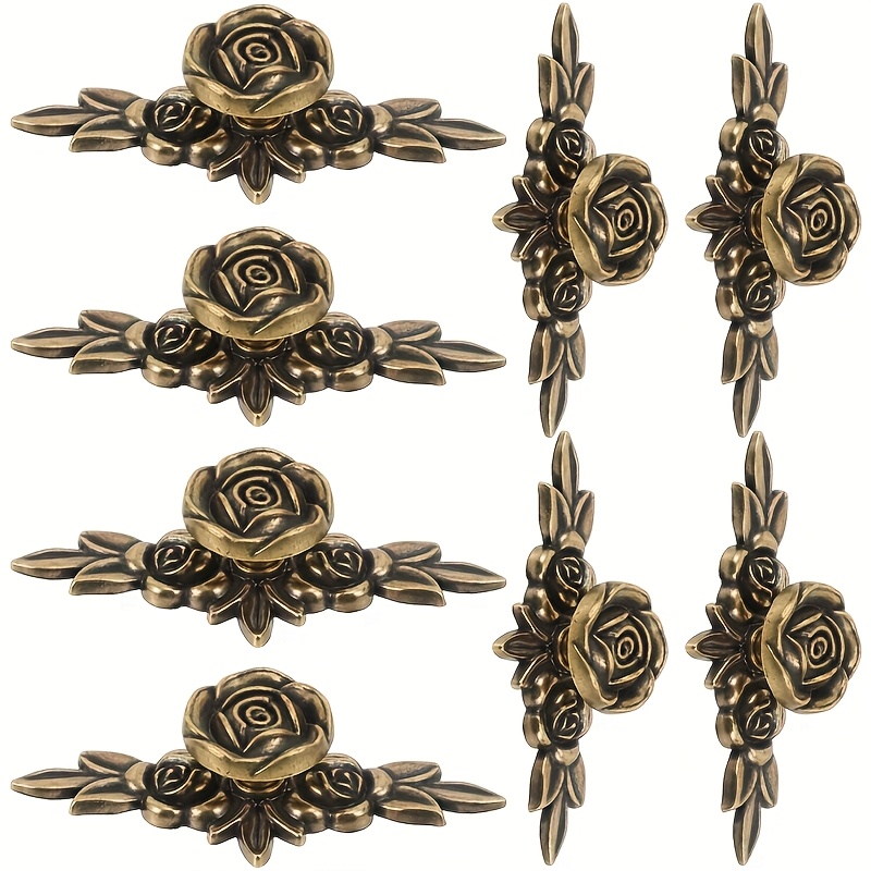 E-shop 8 Stück Antik Bronze Rosen Schrankgriffe mit Rückplatten - Zinklegierung Rosenförmige Schubladen- & Türgriffe, Poliert Antik, Kompatibel für